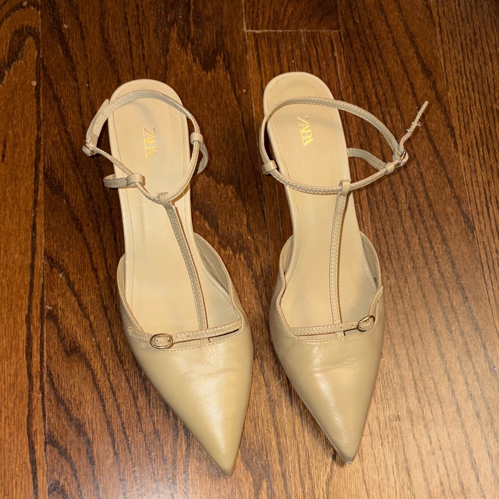 Zara Beige Pointed-Toe T-Strap Heels